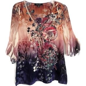 Bleu Tunic V Neck Sheer Flowy Bell Sleeves Boho M